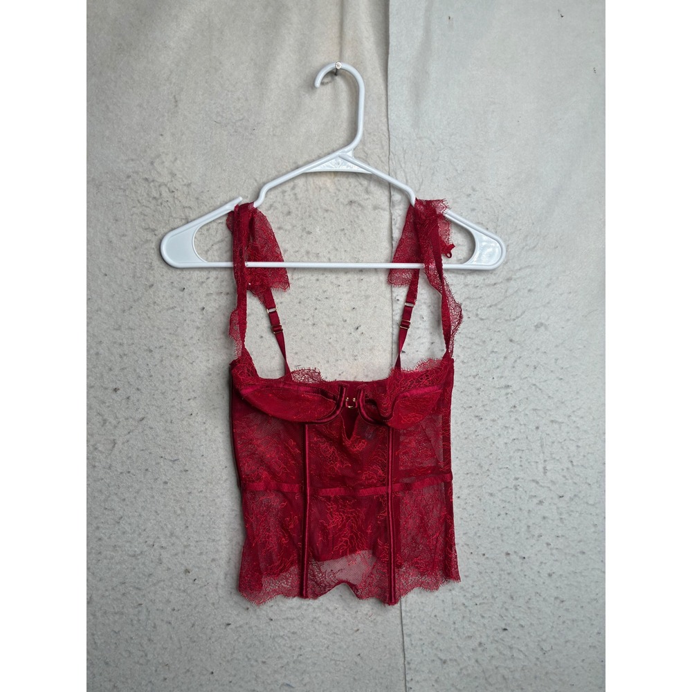 Victorias Secret Red Lace Corset Bustier Top Sheer Underwire 32C